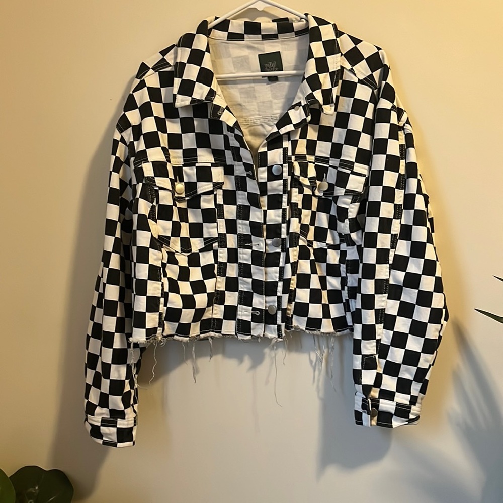 Black and white checkered cropped Jean jacket